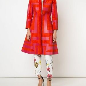 NWT Oscar De La Renta Geometric Leather Coat Red